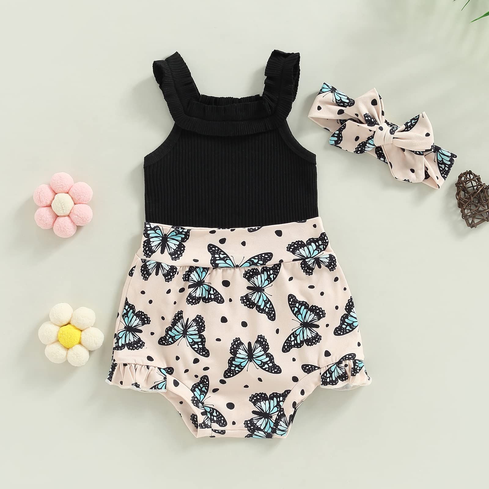 Baby Girl Summer Clothes Set 3 6 12 18 Months Floral Outfit Straps Sleeveless Romper + Ruffled Shorts + Headband (Black Butterfly, 12-18 Months)