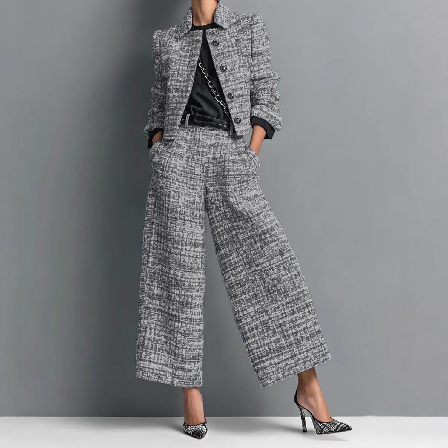 Damenanzug-Set, zweiteiliges Outfit aus Tweed, kurzer Blazer mit weitem Bein, Hose für Business, Freizeit, Party.
