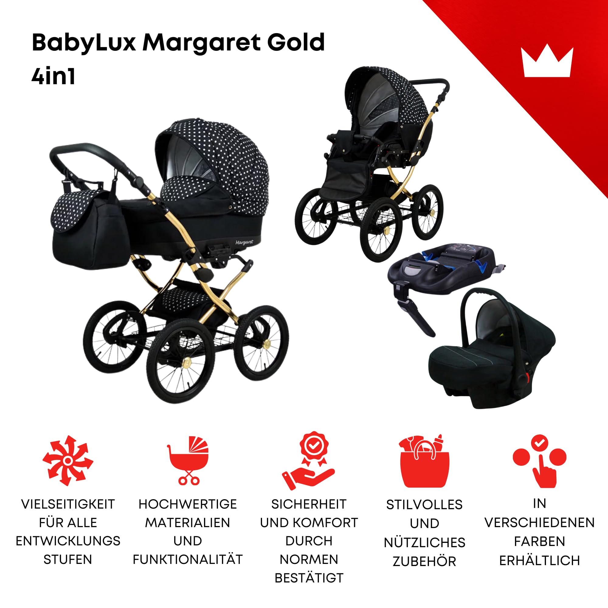 BabyLux Zestaw wózków dziecięcych 4 w 1 – Margaret Gold – w zestawie wanienka dla niemowląt, fotelik sportowy, fotelik samochodowy, stacja bazowa ISOFIX – fotelik samochodowy – zestaw wózków