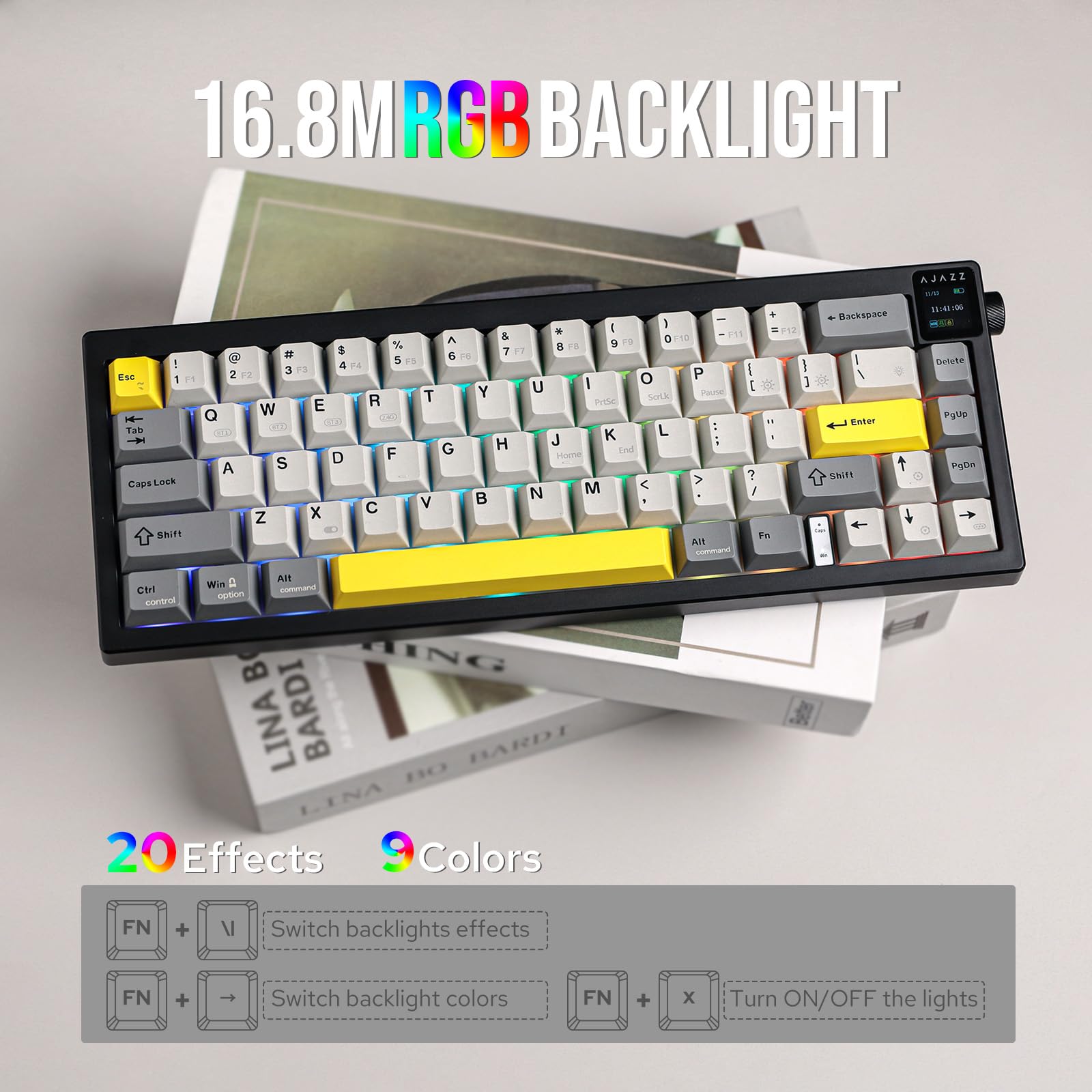 MechLands AK650 65% Gasket Teclado Mecánico, 3 Modos Teclado Inalámbrico para Juegos con Pantalla TFT de 0.85'' y Perilla, Hot Swappable, Batería de 5000mAh, RGB (Gris)