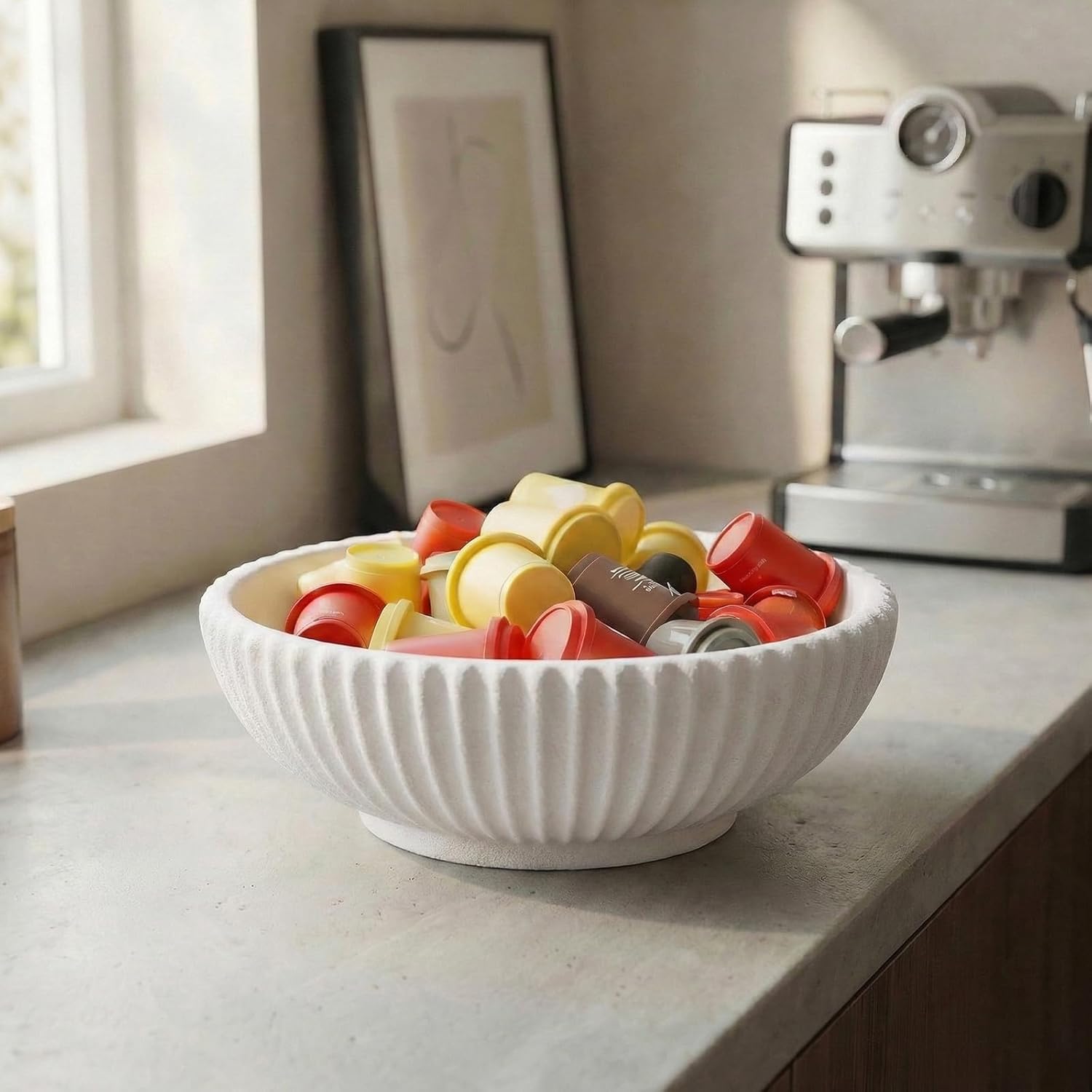 Large Decorative Fruit Bowl for Kitchen Counter or Table, Key Holder Bowl for Entryway Table, Bread Candy Snack Organizer, Modern Farmhouse Centerpiece Decor, White/Stripe