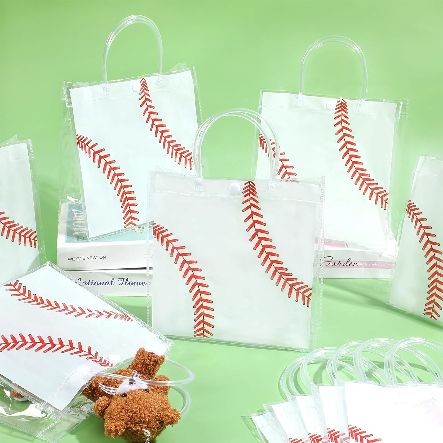 12Pcs Baseball Clear PVC Gift Bags With Handles Bulk Sport Theme Goodie Treat Candy Bags Rugby Team Present Wrap Tote Bag for Boys Birthday Party Favor Baby Shower Decorations Supplies 8 x 8 x 3in - Image 4