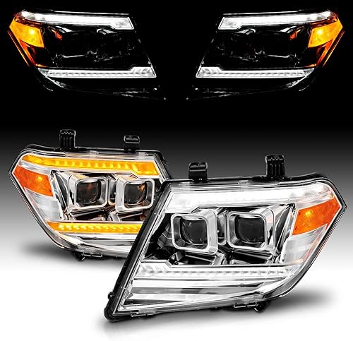Miniatura 7 de AmeriLite Para Nissan Frontier Pickup 2009-2020 - Camión LED DRL Tube Switchback secuencial señal cromada juego de montaje de faros delanteros -