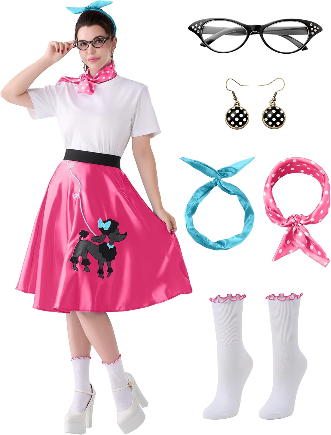 Spooktacular Creations Halloween 6Pcs 1950s Outfits for Women, Poodle Skirts for Women 50s Costume Set with Socks for Cosplay Pink Large