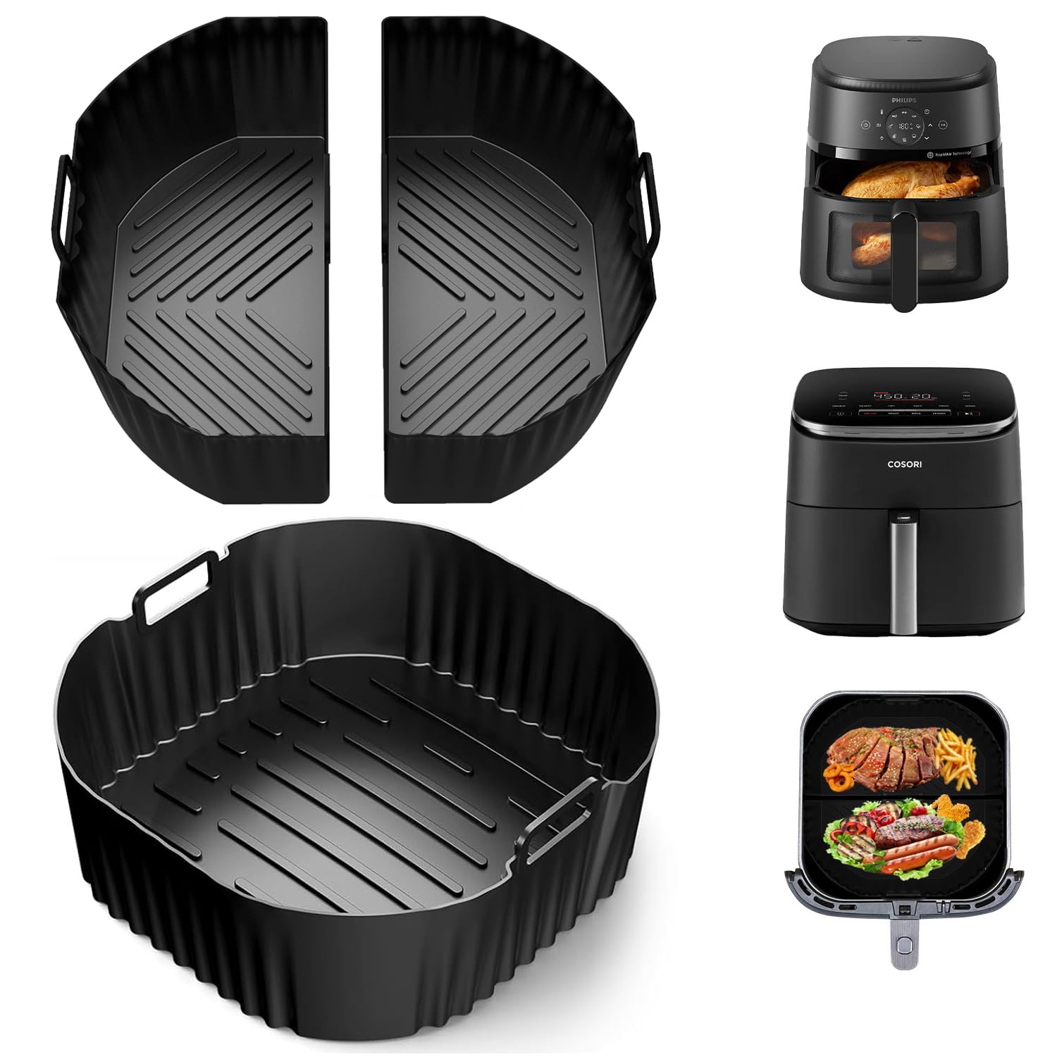 3PCS Molde Silicona Freidora de Aire 23cm, 2 x 3.1L + 1 x 6.2L Air Fryer Accesorios Para Cosori 5,5L/6L/6,L, Philips 2000 6.2L Na230, Reutilizables Accesorios Freidora De aire, Recipiente Air Fryer