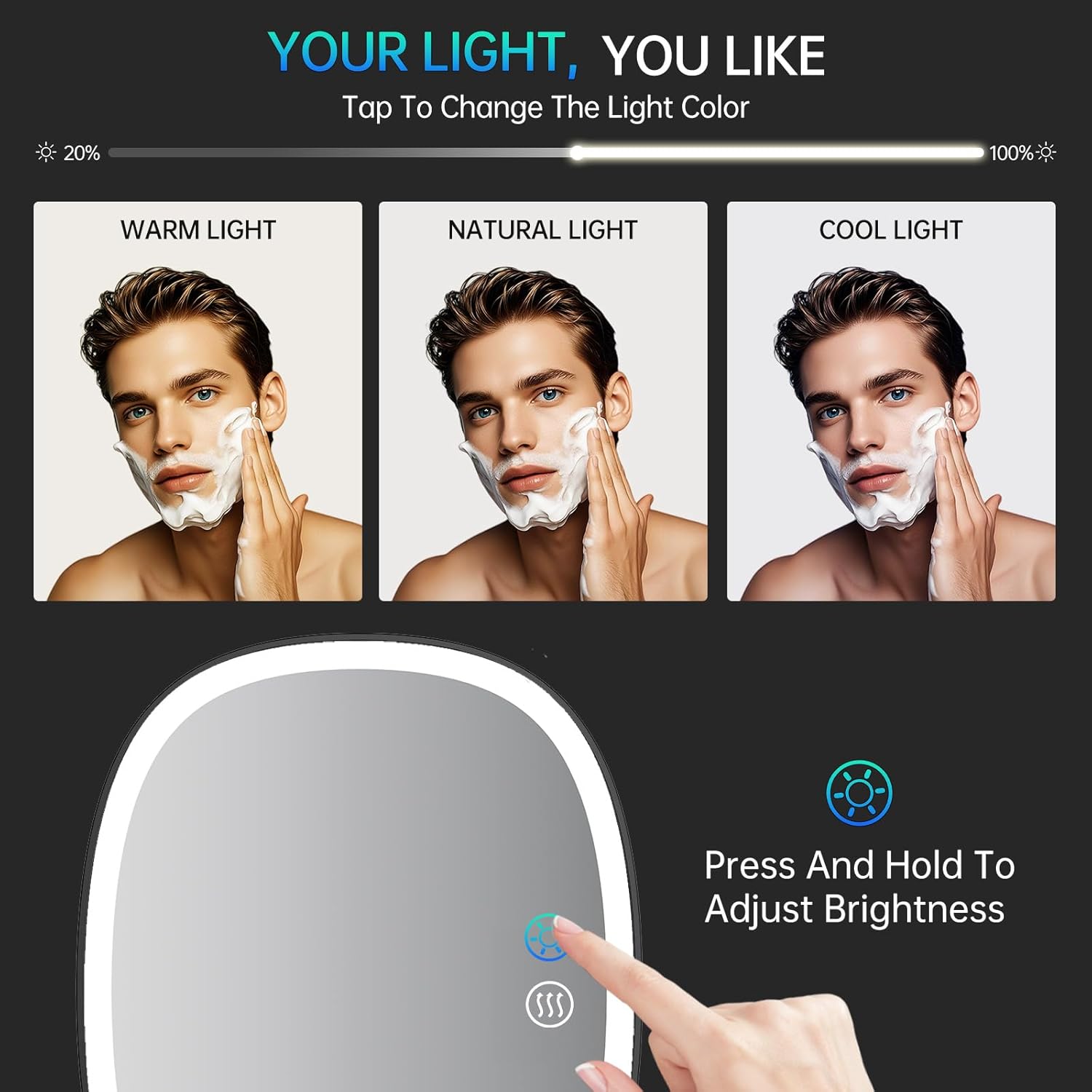 COSMIRROR Heated Shower Mirror Fogless for Shaving, Lighted Shaving Mirror with 2 Razor Holders, 5000mAh Rechargeable No Fog Mirror for Shower with Light, Adhesive Steam Free Shower Mirror for Men
