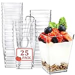 Eupako 25 Pack 5 OZ Plastic Mini Dessert Cups with Spoons - Clear Small Parfait Cups, Square Appetizer Cups for Fruit, Pudding, Mousse, Ice Cream, Party, Wedding, Valentine\'s Day