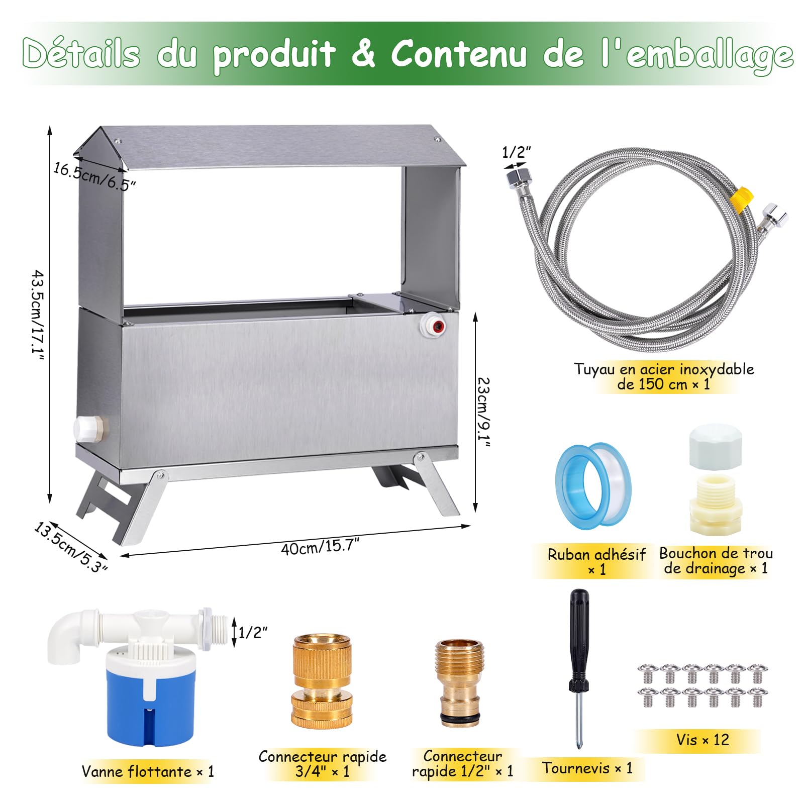 Poulet Waterer Automatique en Aciers Inoxydables Poulet Waterer Automatique Poulet Waterer Distributeur Automatique avec Vanne Flottante Et Jambe Eau De Poulet en MéTal pour Canard, Pigeon (8 litres)