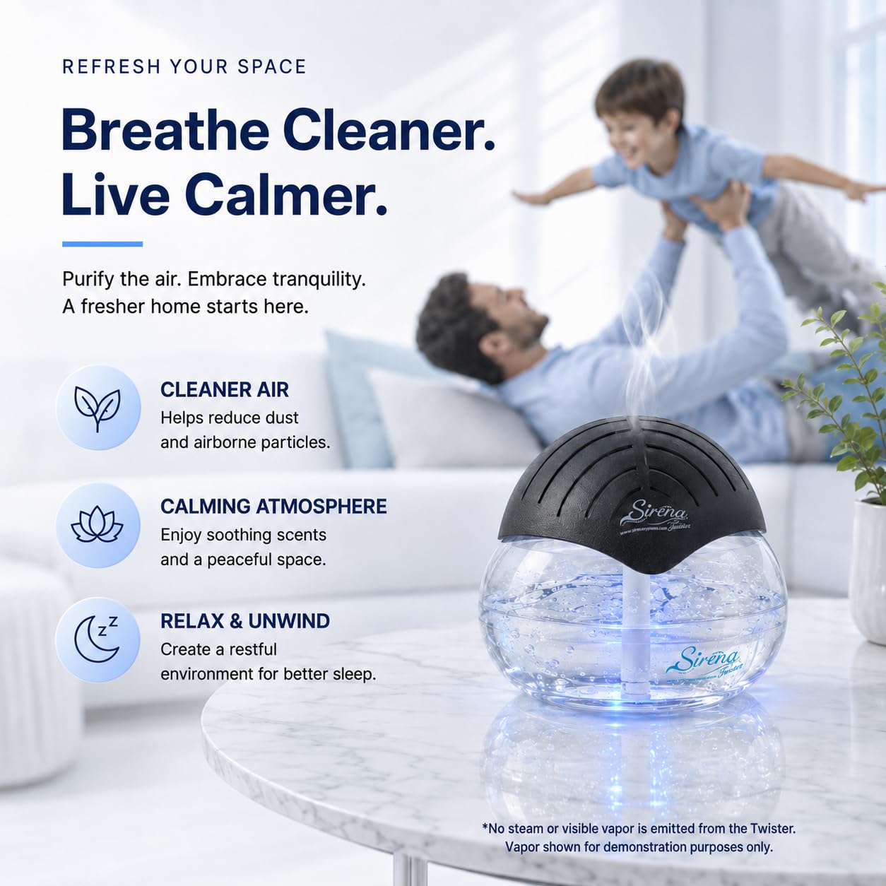 Sirena Twister Air Purifier Black - Water Filter Air Washer For Home and Office - Essential Oil Aroma Diffuser With LED Night light - Small Air Cleaner For Smoke and Pets product thumbnail 7