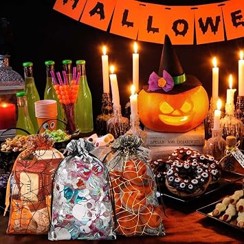 HGJST 50 PcsHalloween Candy Gift Bag, Halloween Transparent Net Bag, Spider Web and Skull Printed Halloween Party Gift Bag (4 x 6 inches)