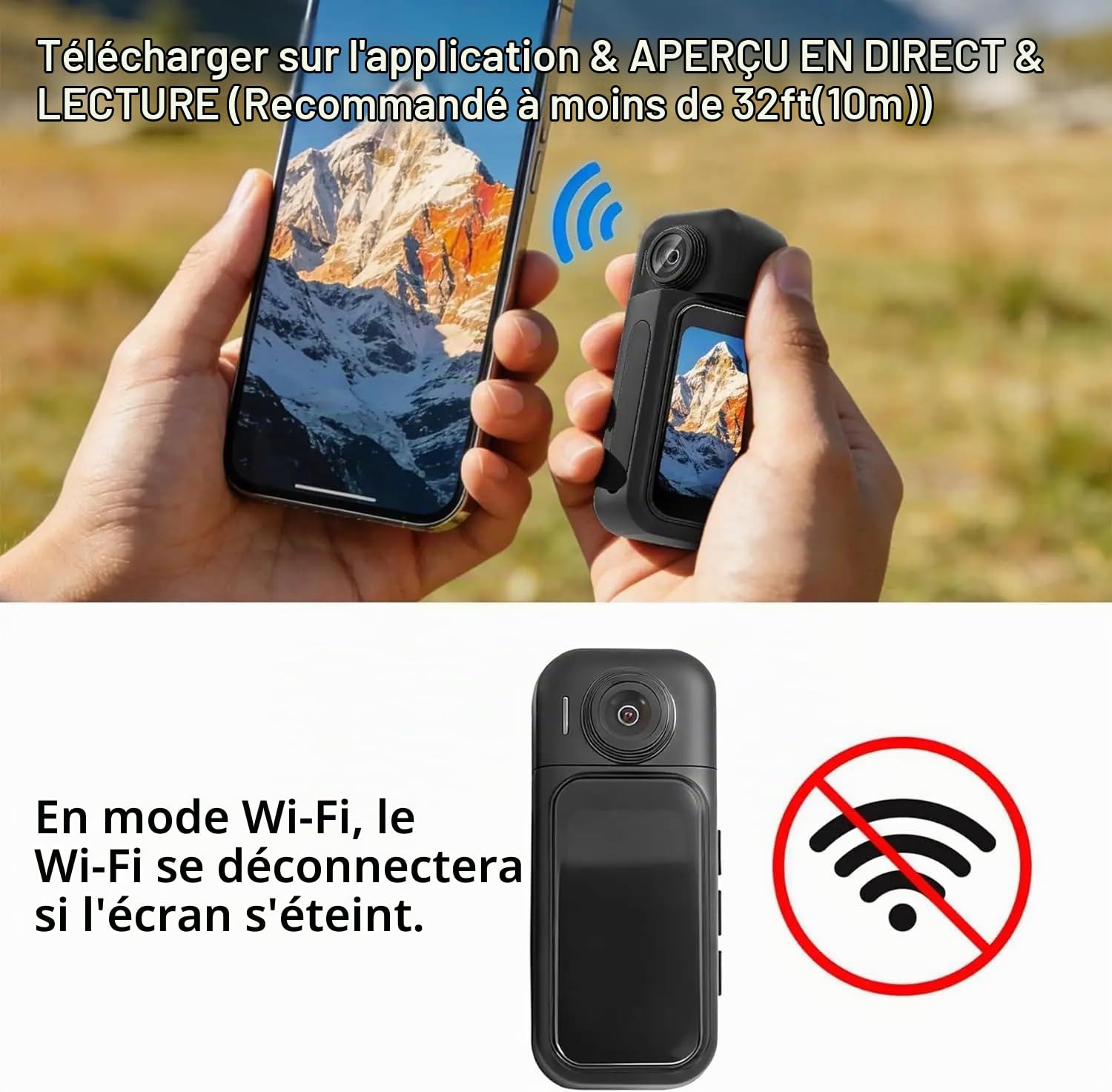 Caméra Sport 4K WiFi Objectif Rotatif 180° Mini Caméra de Poche avec Écran Tactile 1,47" & Boîtier de Charge Action Cam Portable Étanche Aimanté Mains Libres Camera Vlog POV pour Moto Casque,Velo