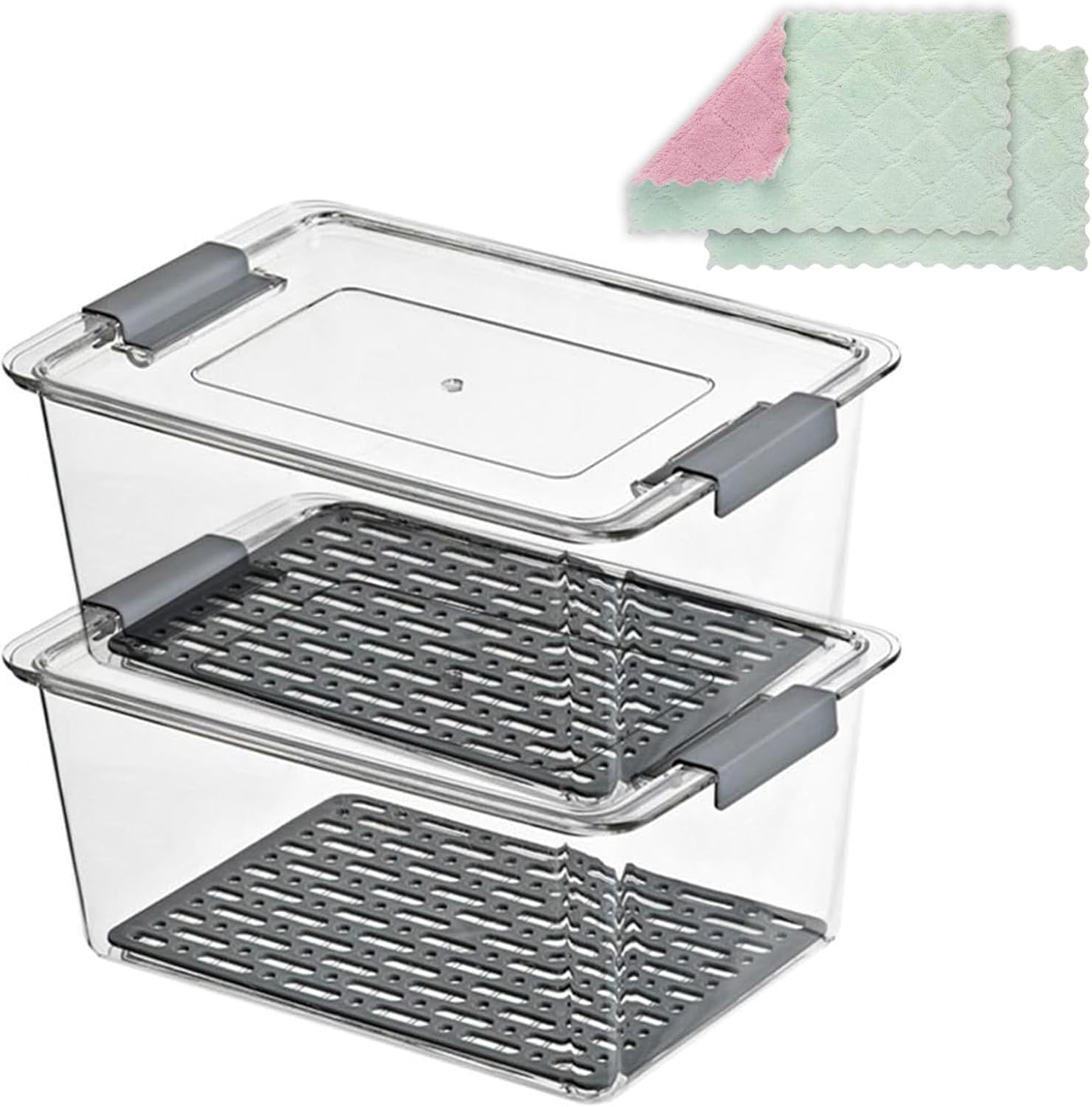 Ellecila Transparent Airtight Cheese Storage Container For Fridge With Removable Drain Tray, Bpa-Free Plastic Box Organizer – 25X16.5x11.5cm, Stackable & Mold-Resistant Fridge Organisers For Cheese Chunks & Slices(2 Pcs)