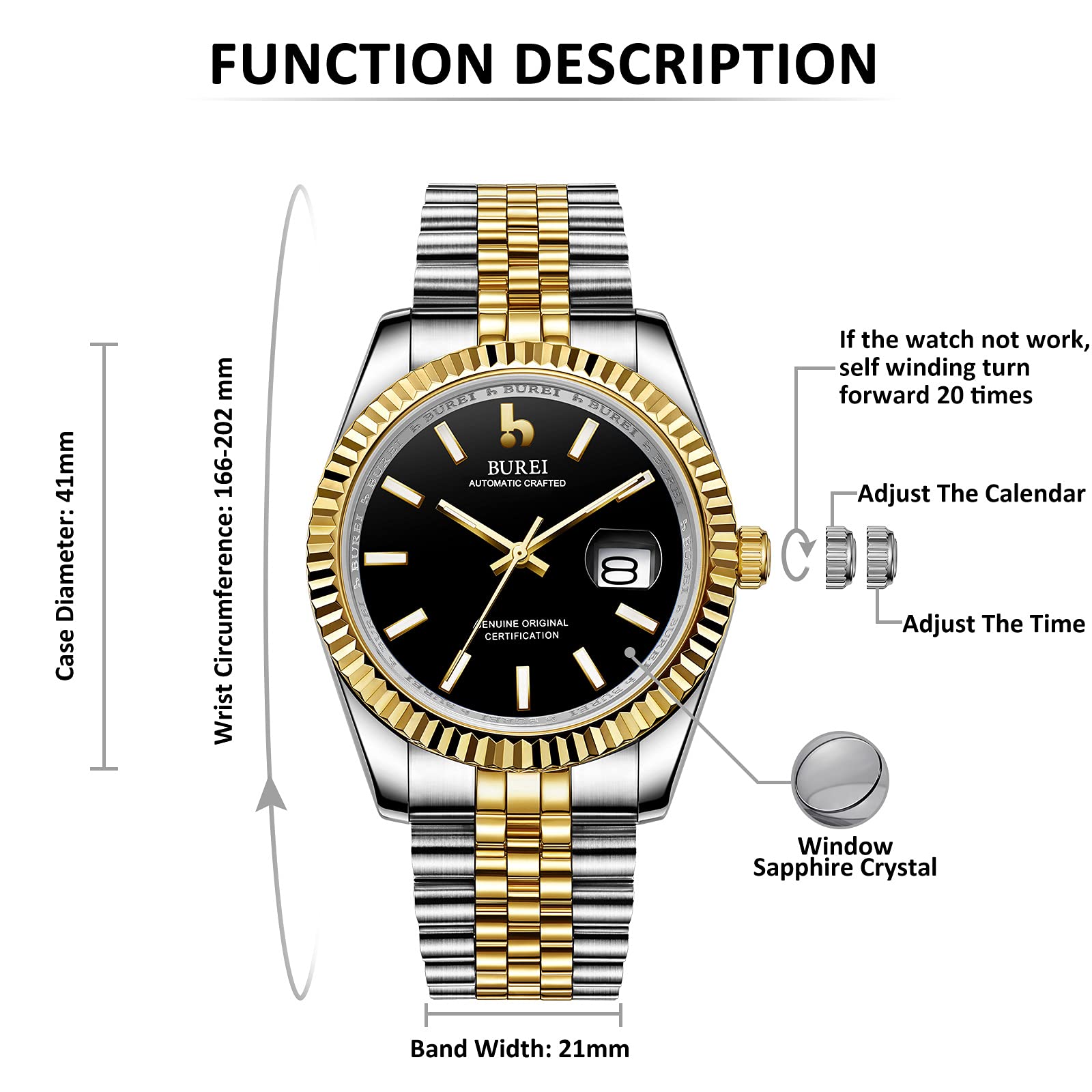 BUREI Klassische Uhren Herren Automatik Saphirglas Roségold Edelstahl Armband 41mm Mechanische Armbanduhren mit Kalender