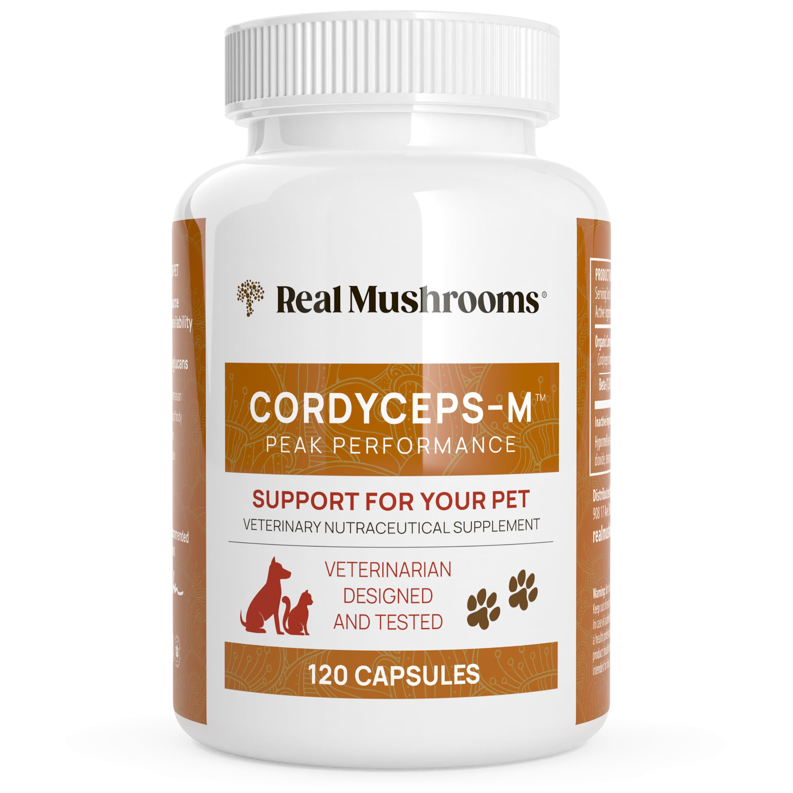 Real Mushrooms Cordyceps Pet Support Mushroom Supplement (120ct) Cat & Dog Vitamins and Supplements for Performance, Energy, & Vitality - Vet Approved Mushroom Powder Capsules Grain-Free, Non-GMO