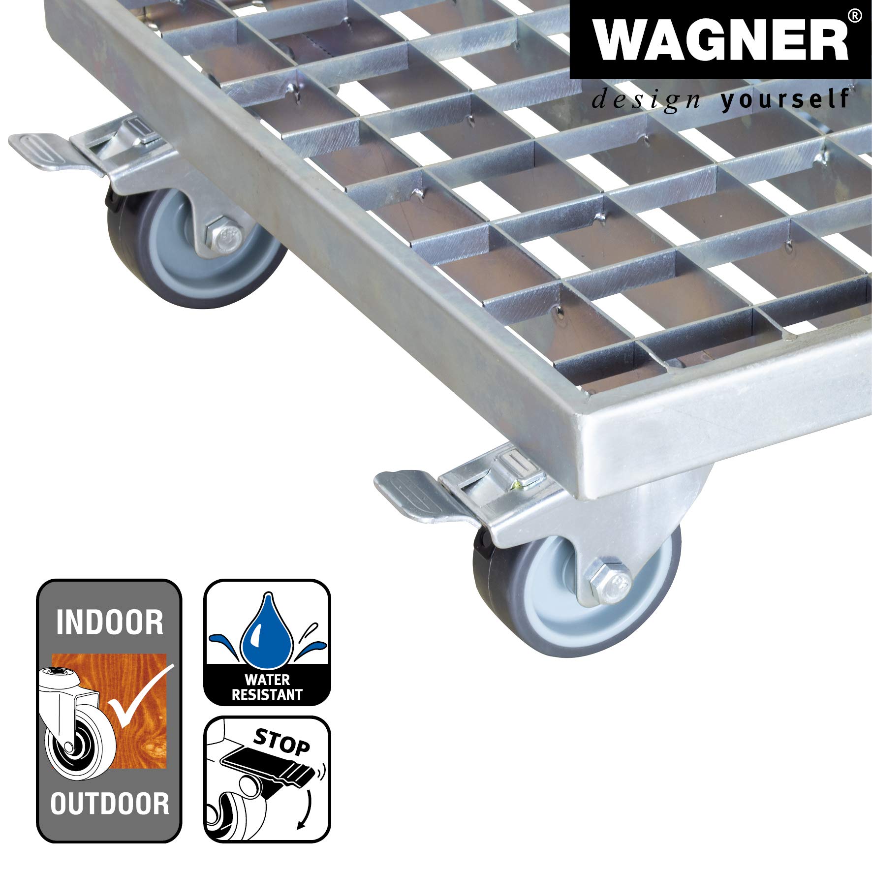WAGNER Support à roulettes pour pot de fleur INDUSTRIAL STYLE 29 x 29 x 9,5 cm I intérieur+extérieur I Acier grille galvanisé argent I 2 freins I Capacité de charge 150 kg I Made in Germany - 20701501