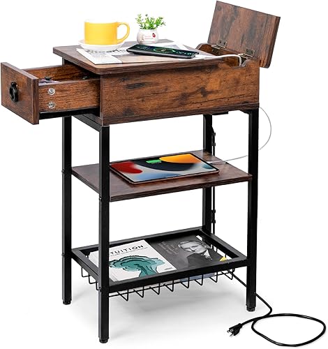 Miniatura 8 de Estación de carga de mesa auxiliar gris pequeña para dormitorio, mesas auxiliares estrechas de sala de estar gris con almacenamiento, mesita de Gris