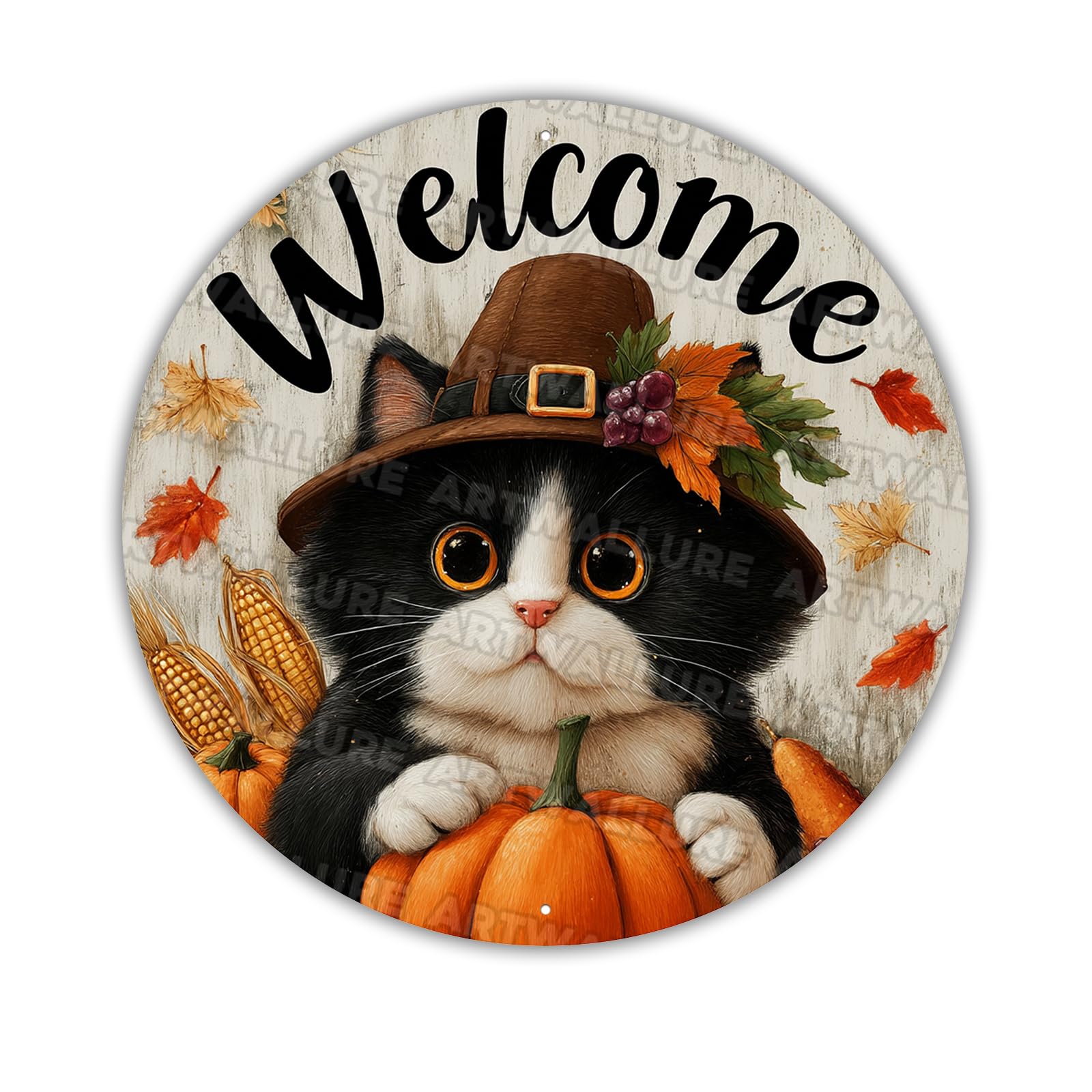 Fall Thanksgiving Tuxedo Cat Vintage Metal Tin Sign Autumn Harvest Pumpkin Maple Leaves Retro Wall Art Home Decor 8x8inch