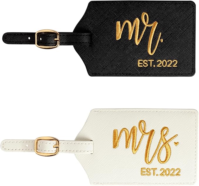 CHOIEO Mr and Mrs Luggage Tags, Bridal Shower Gift Honeymoon Gifts Wedding Gifts for Bride, PU Leather Travel Tags with Name ID Address Card (Black/White Gold Mrmrs Est. 2026)