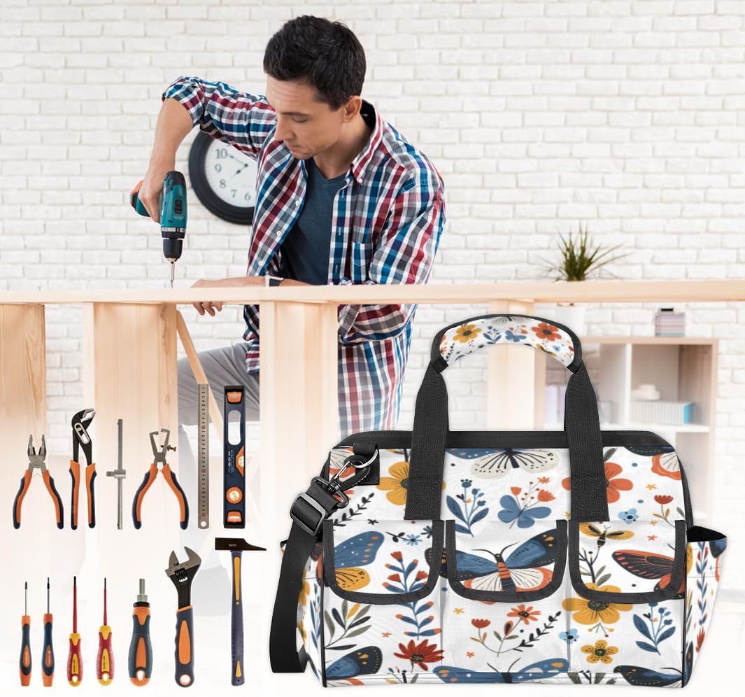 Butterfly Flower Print Heavy Duty Tool Bag 14.8 Inch for Men, Wide Mouth Garden Tool Storage Bag with Adjustable Shoulder Strap, 14 Pockets Tool Bag Organizer for Construction, Gardening