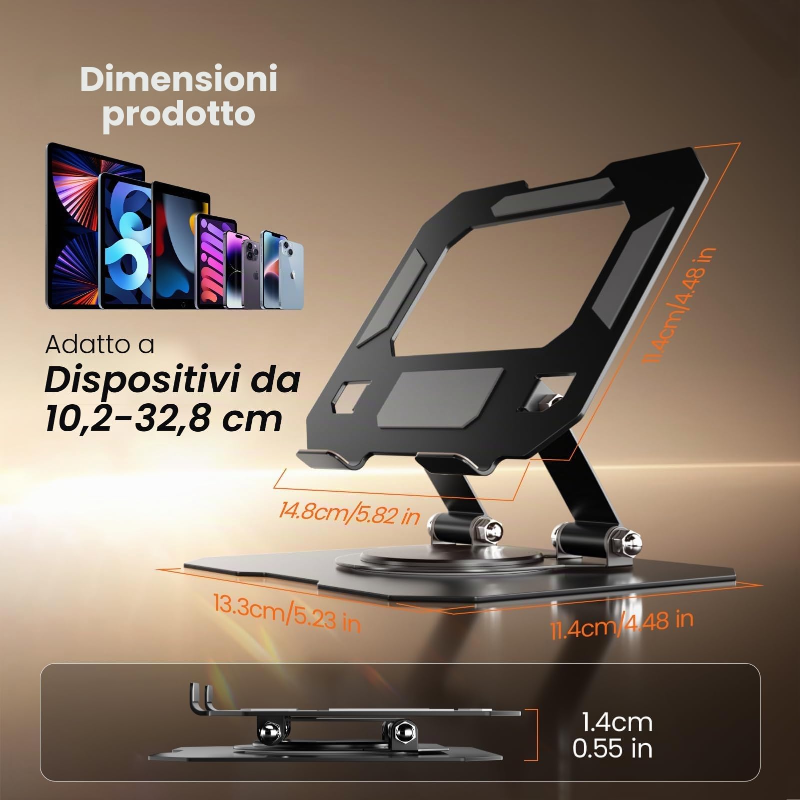 GlasFlength Supporto Tablet con Base Girevole 360°, Regolabile e Pieghevole per iPad iPhone Kindle 4-12,9'' Nero