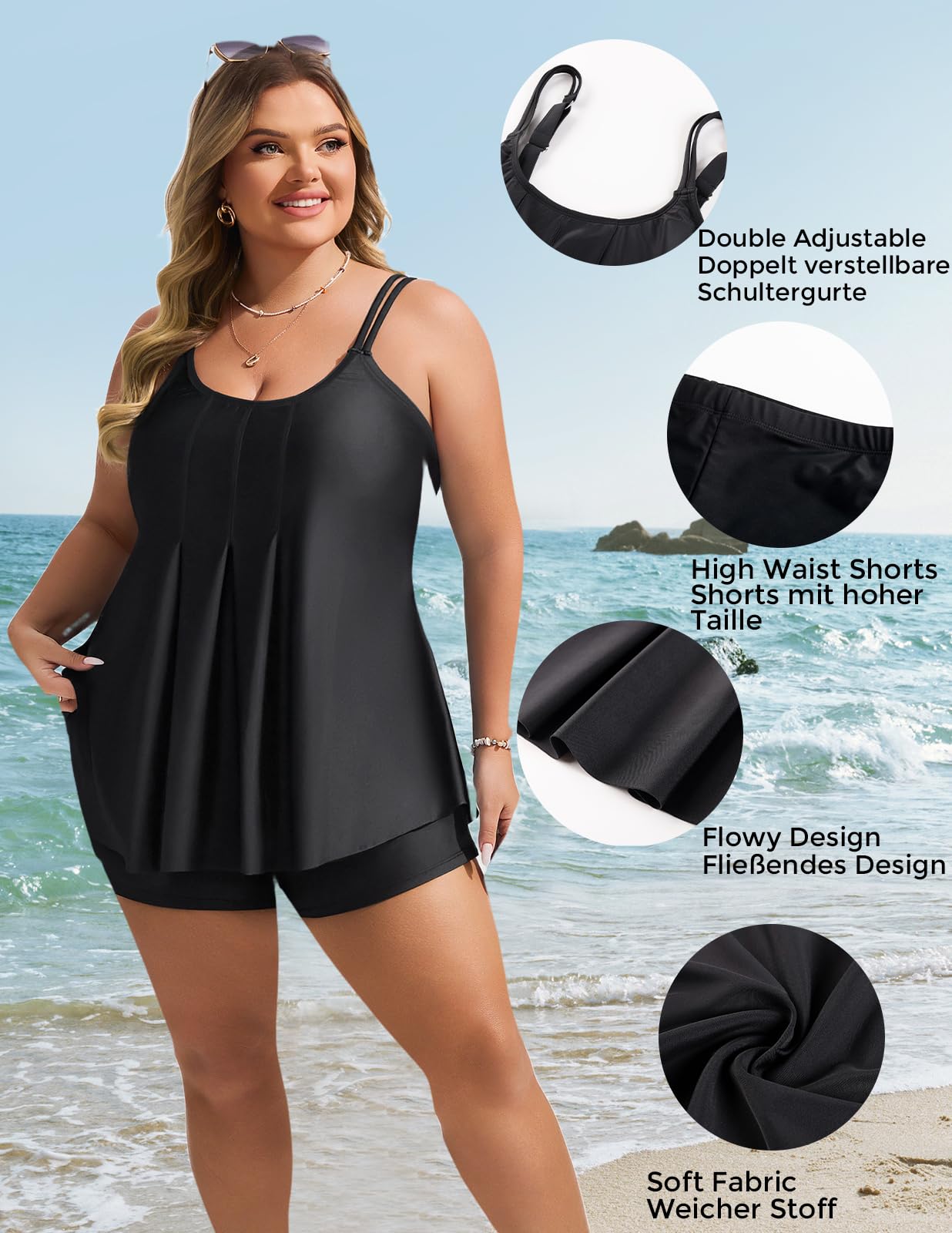 Hanna Nikole Tankini damskie duże rozmiary, dwuczęściowe, płynne, tankini i wysoki stan, wygodne spodenki kąpielowe, wyszczuplający brzuch, moda kąpielowa, regulowane podwójne paski na ramię