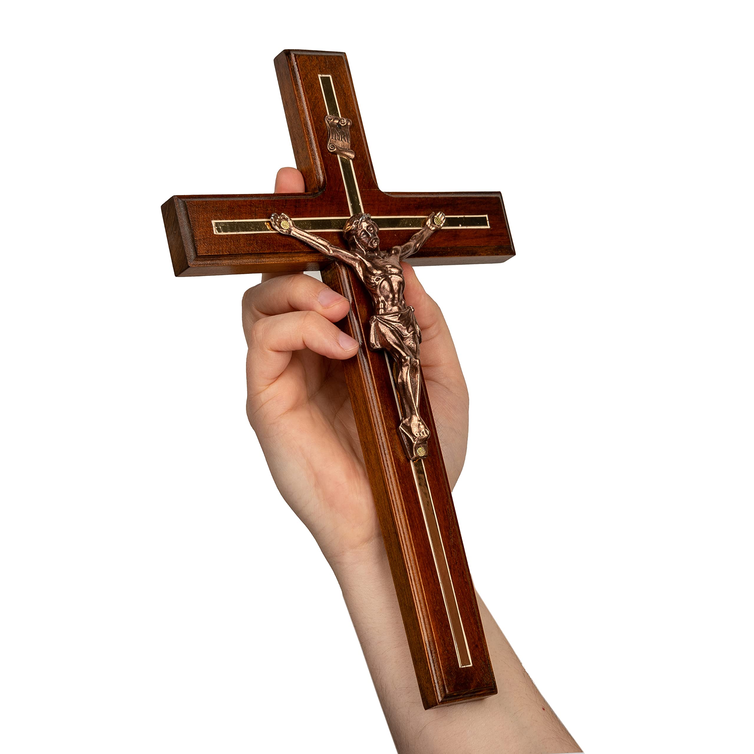 Woodvio - Croce da parete in legno artigianale, crocifisso cattolico tradizionale