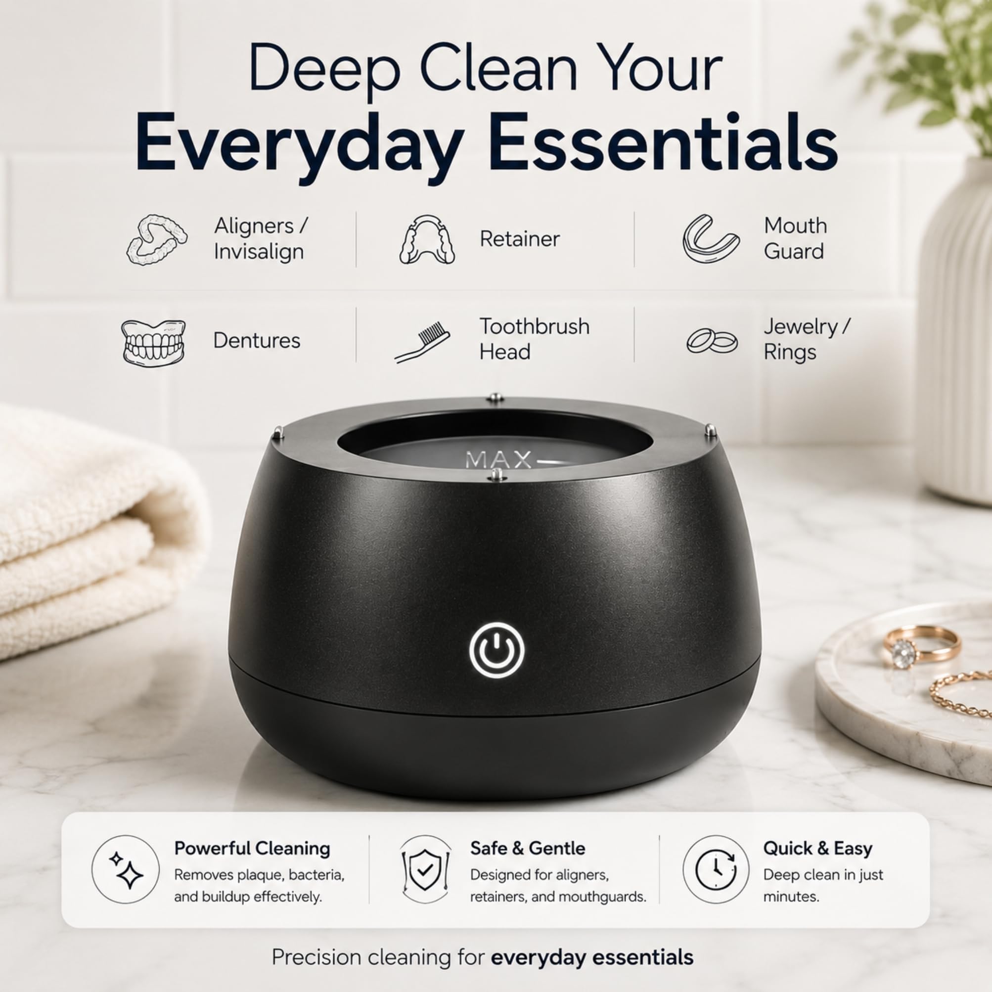 Pulitore per Retainer Ultrasonico 48kHz – Pod Dentale per Invisalign, Protesi e Paradenti – Macchina per Pulizia Profonda per Retainer e Night Guard – Serbatoio da 200ML, Funzione One-Touch – Nero