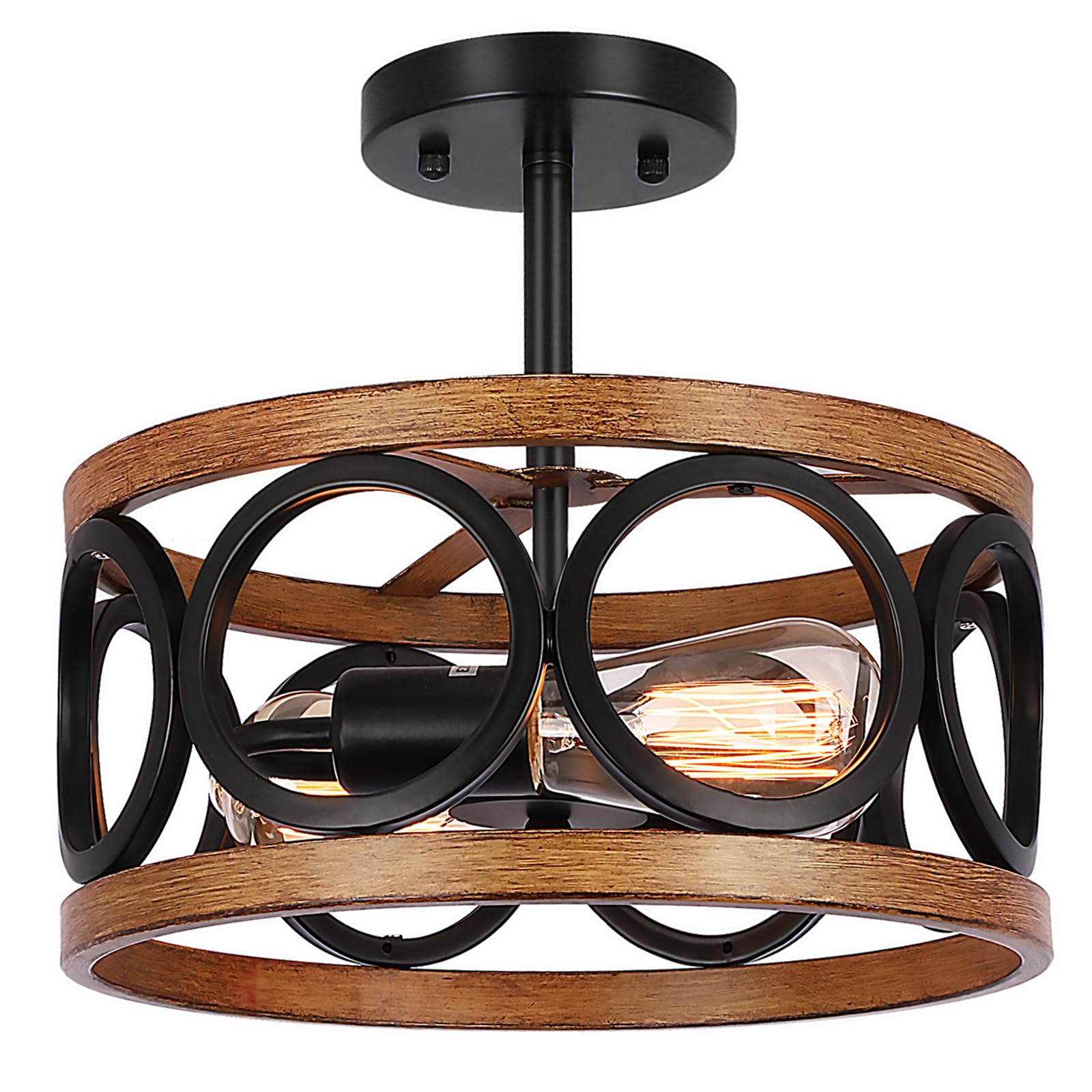 3-Light Farmhouse Semi Flush Mount Ceiling Light Fixture,Rustic Drum Wood Ceiling Lamp for Hallway Kitchen Entryway Foyer Bedroom Laundry Room,Nature Wood Texture and Black Metal Fence Finish