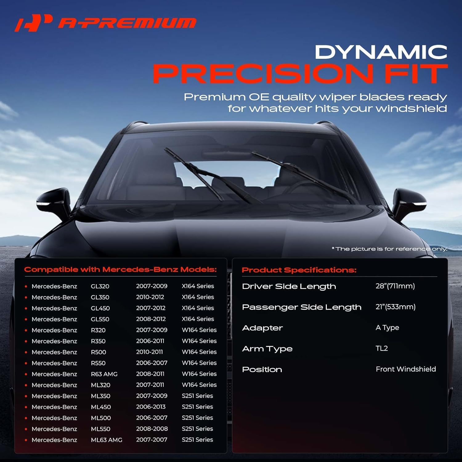 A-Premium 28" and 21" Windshield Wiper Blades - Compatible with Mercedes-Benz GL320, GL350, GL450, GL550, R320, R350, R500, R550, ML320 - TL2, w/Wear Indicator & Towel, Left and Right (Pack of 2)