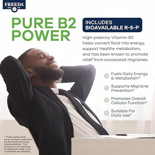 Miniatura 4 de FREEDA Suplemento de vitamina B2 de 400 mg con riboflavina-5-fosfato - B2 de alta potencia para energía, metabolismo y apoyo del sistema nervioso -