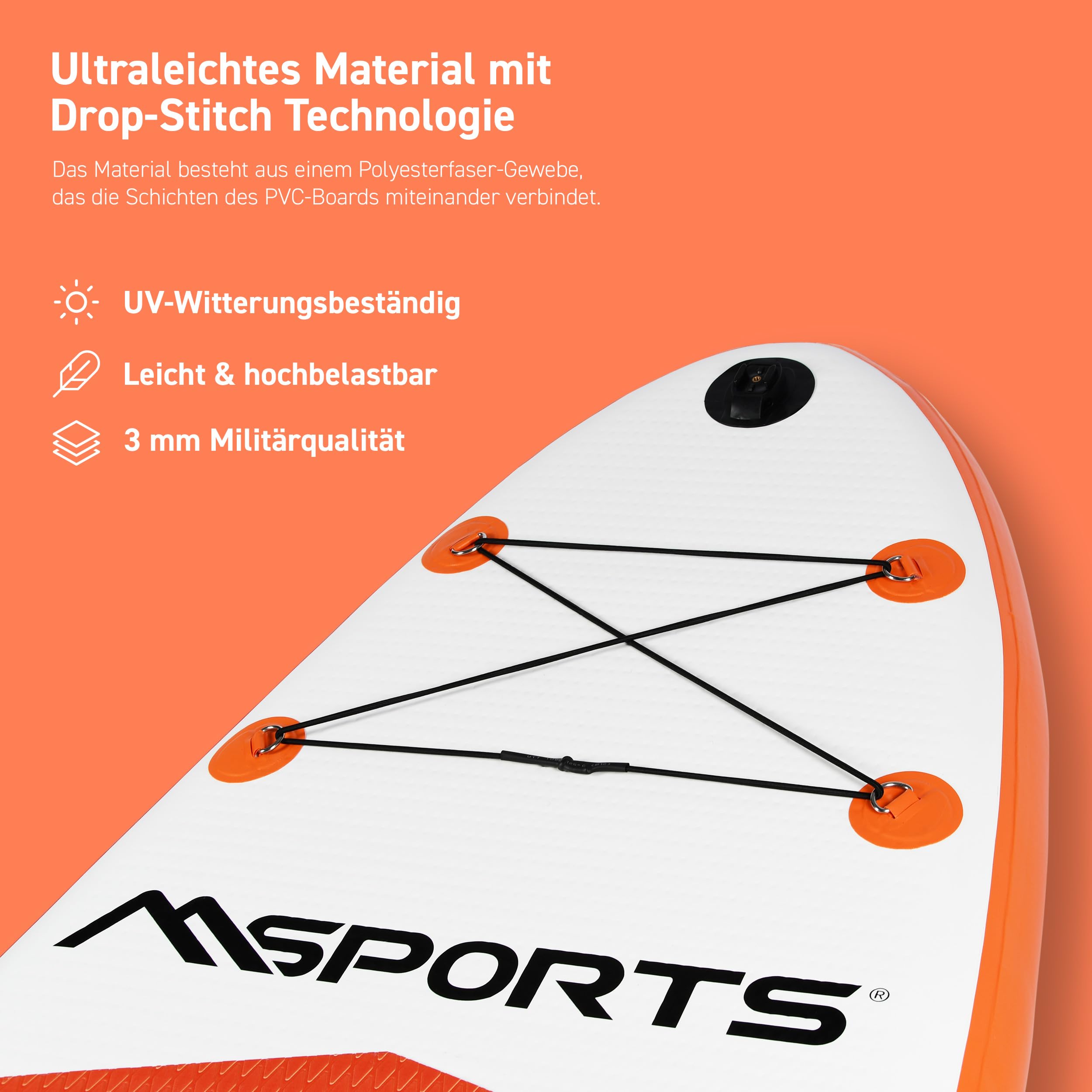 MSPORTS SUP - Stand Up Paddling Board - Aufblasbar Komplettes Paddleboard Zubehör Verstellbares Paddel, hochwertige Pumpe + 2X Paddelstock + wasserdichte Smartphone Tasche + Multifunktionstasche