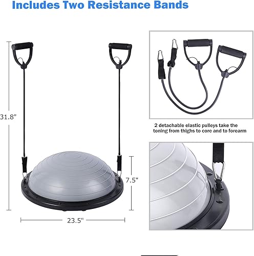 Miniatura 4 de Sportneer Entrenador de pelota de equilibrio con bandas de resistencia y bomba, media pelota de yoga inflable para entrenamiento de cuerpo completo