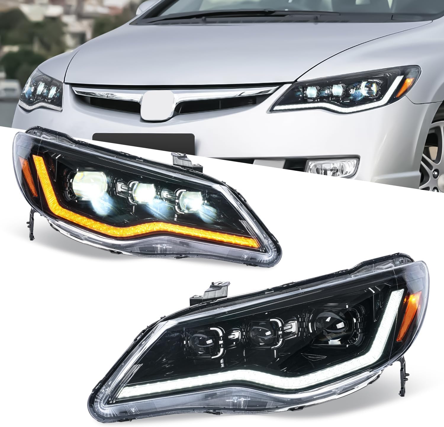Honda Civic 8th Generation FD2 Type R Headlight, Improved FD1, FD2, FD3, Double Projector, All LED Openings, Switches to Flowing Turn Signal Off, High/Low Beam, 3-Eyes, Transparent Lens, For Honda