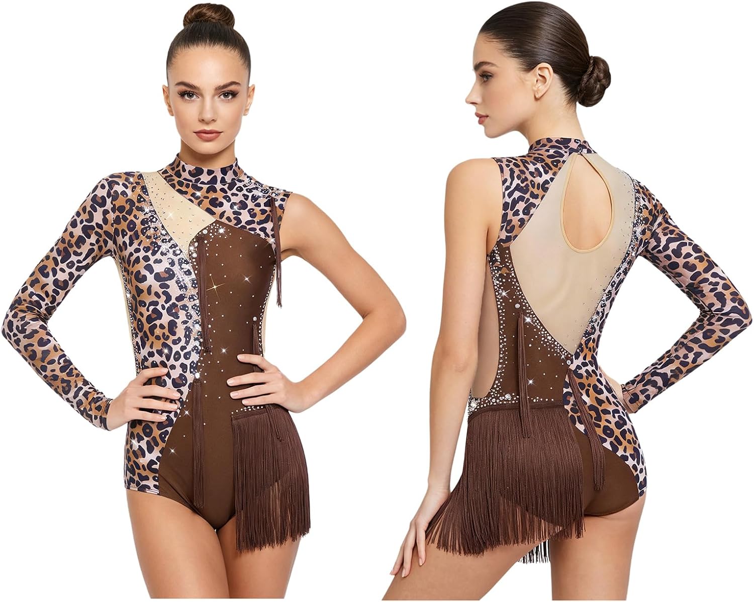 Linjinx Women Gymnastics Dance Leotard Glittery Rhinestone Long Sleeve Training Performing Bodysuit for Dancing Party