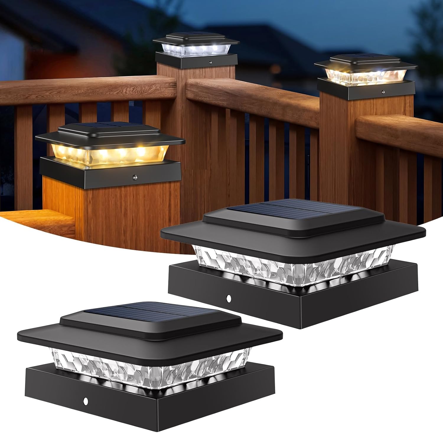 kolpop 4x4 Solar Post Cap Lights Outdoor 2Pack- 3 Color Temperatures& 2 Level Brightness, IP65 Waterproof, 16 LED Black Fence Deck Post Light Solar Powered for Wood/Vinyl Posts