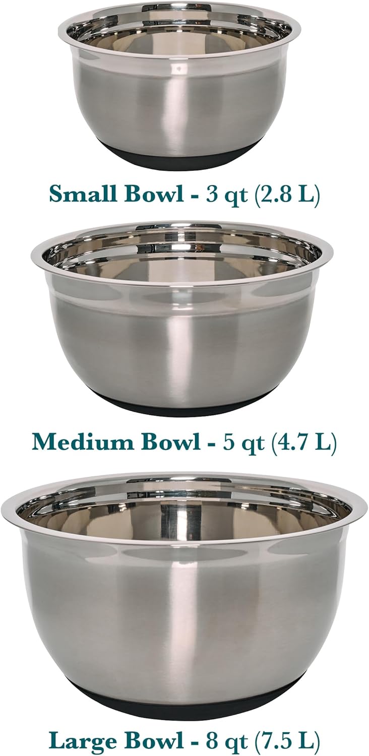 Chicago Metallic Stainless Steel Soft Base Bowls, Versatile Nesting Mixing Bowls for Every Kitchen Task, Set of 3 - Image 2
