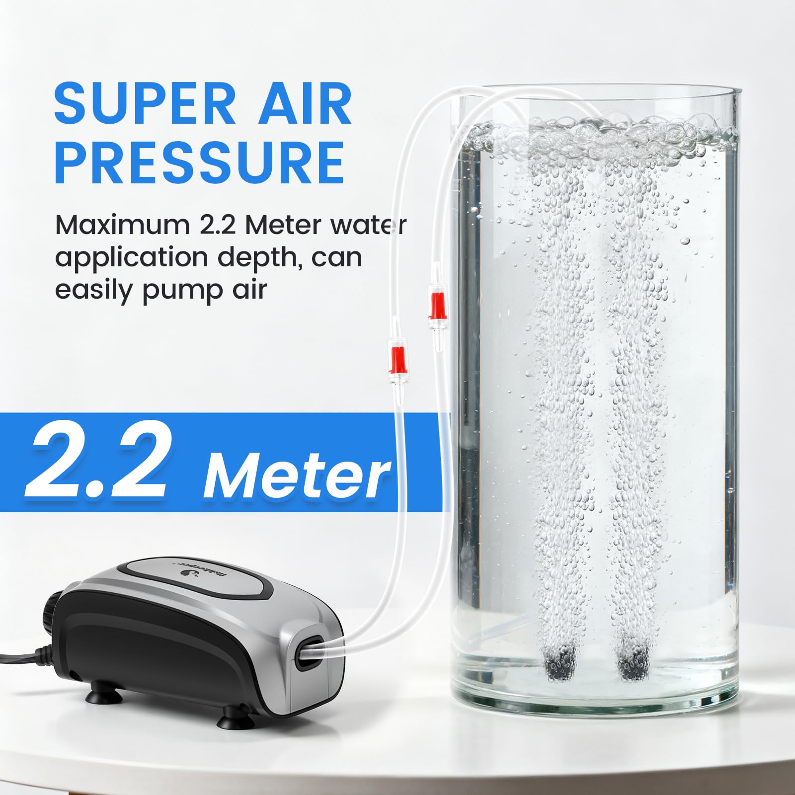 Pompe à air silencieuse 3 W/5 W pour aquarium – Petite et puissante pompe à air à double sortie, pompe aérateur d'oxygène réglable avec kit de bulles pour aquariums de 1 à 600 L (argent