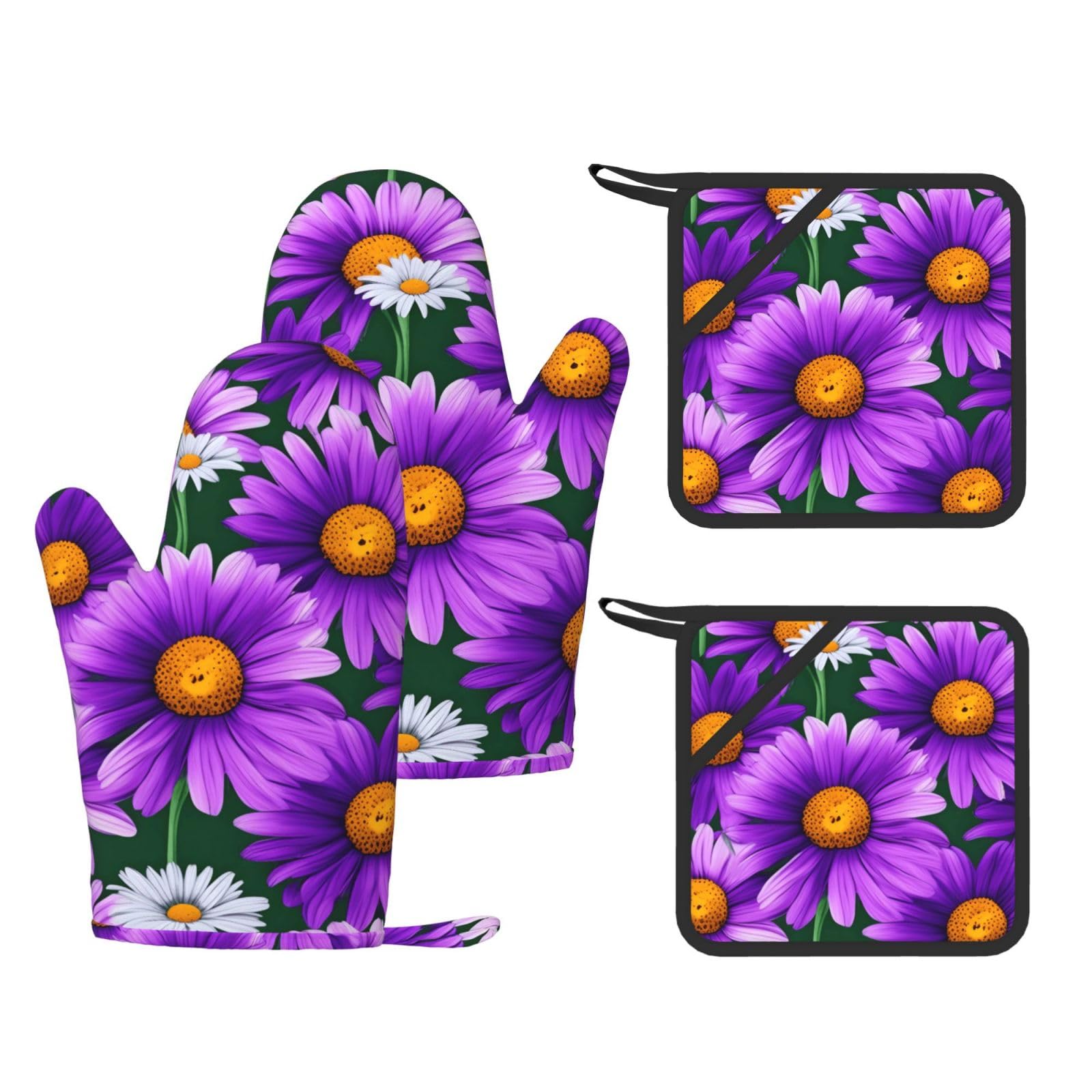 Gants résistants à la chaleur en silicone motif marguerites violettes pour cuisson raffinée