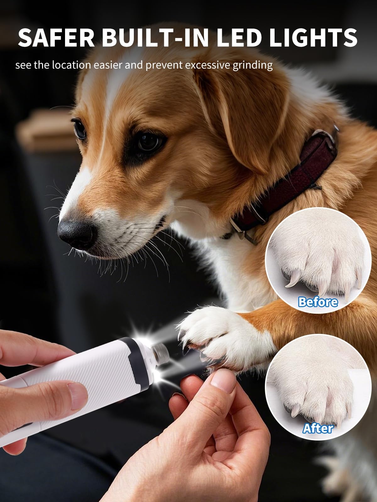 Molinillo de uñas para perros, cortador eléctrico de uñas de 3 velocidades con luces LED, molinillo de uñas recargable para perros pequeños, medianos y grandes (blanco)