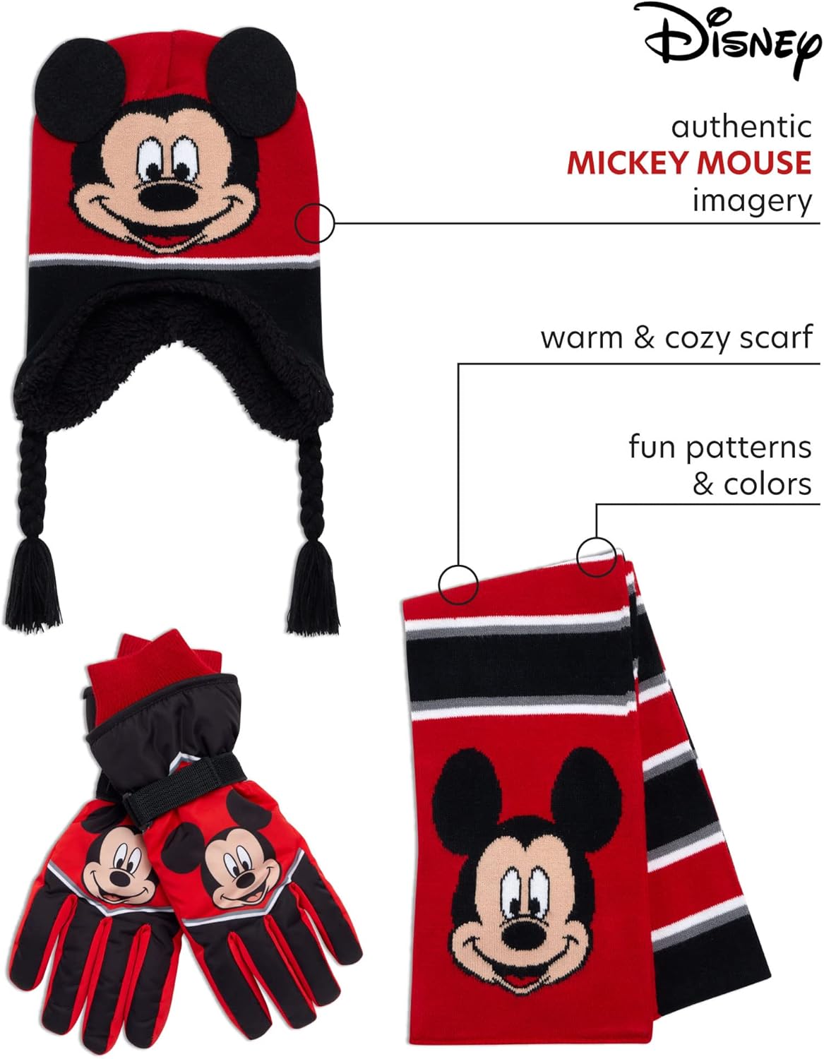 Disney Boys' Mickey Mouse Winter Hat Set - 3 Piece Beanie, Gloves or Mittens, and Scarf Set, Size Age 4-7, Mickey Mouse Hat Gloves Scarf Set - Image 2