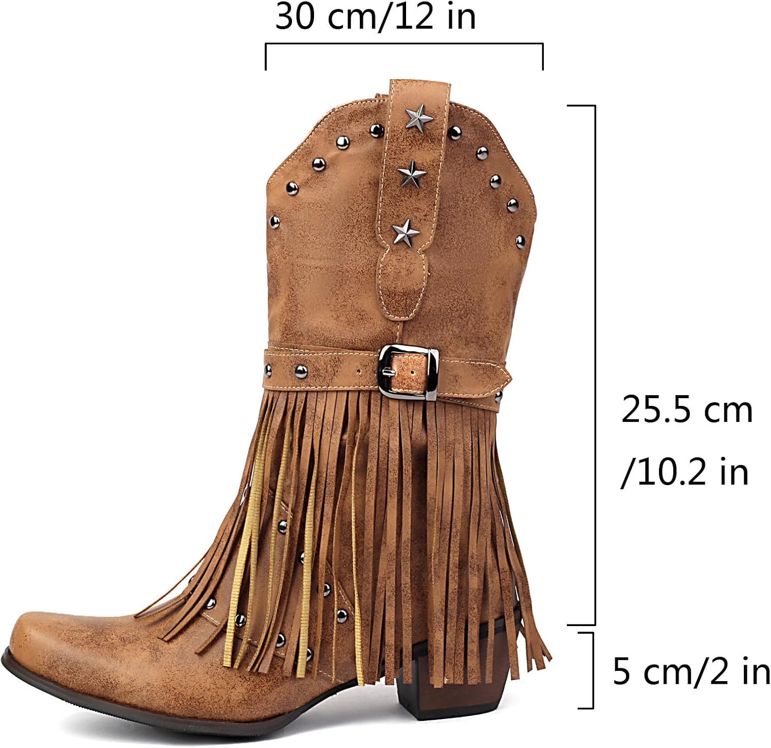 Women's Fringe Cowboy Boots Mid Calf Cowgirl Boots with Studded Pointed Toe and Chunky Heel Western Tassel Riding Boot