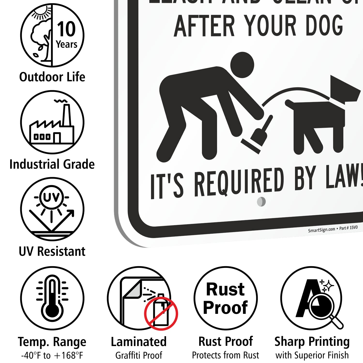 Cartel de Aluminio SmartSign, indicación "Dog Waste - Leash and Clean Up After Your Dog" con gráfico, 46 cm de alto x 31 cm de ancho, negro sobre blanco