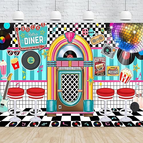 Miniatura 8 de Fondo de fiesta retro de los años 50 de 7 x 5 pies, decoración de Rock and Roll Sock Hop de los años 50, fondo de fotografía, accesorios para cabina