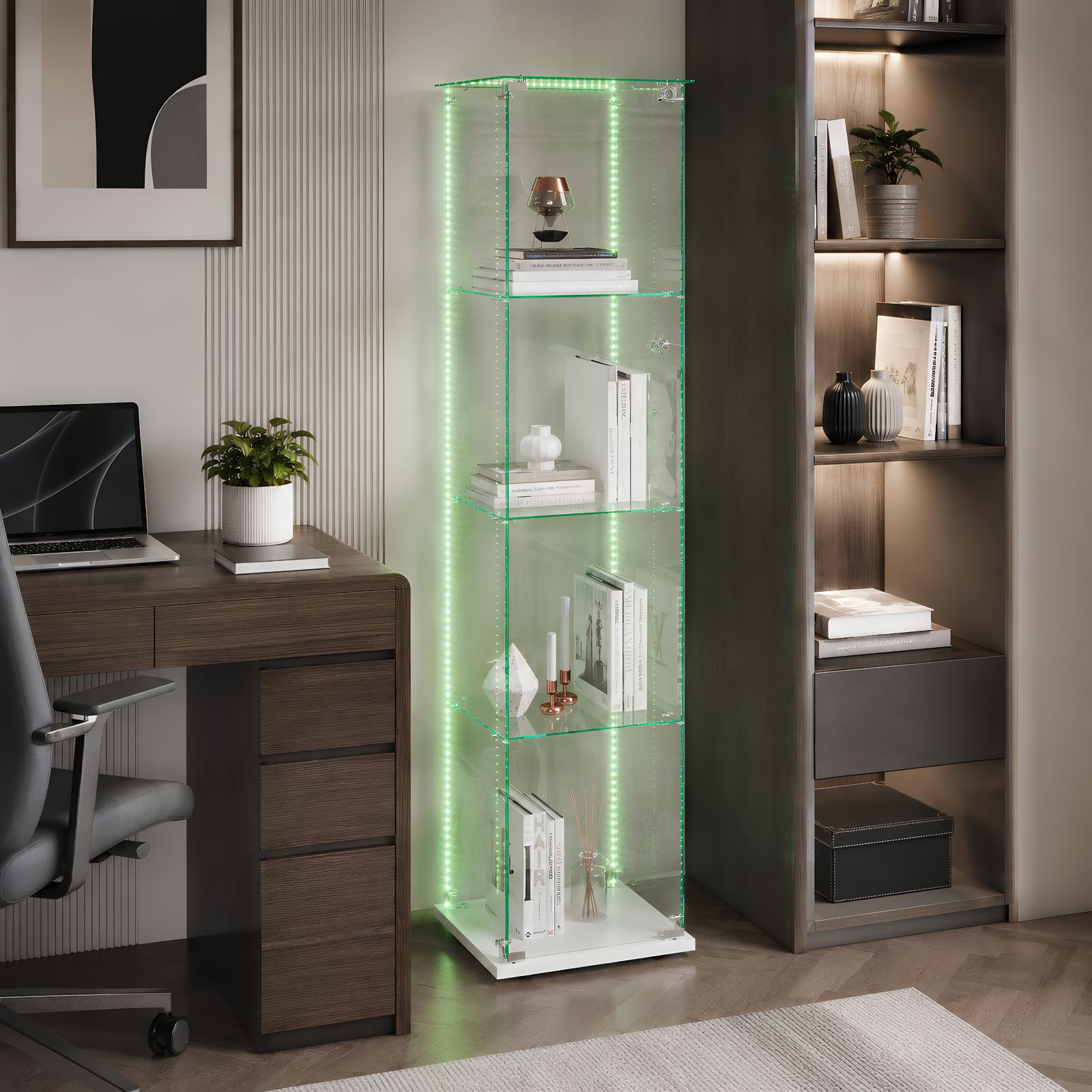 BRILVERDE Vitrina de Vidrio LED, Mueble Expositor con 4 Estantes y Puerta con Cerradura, Vetrinetta para Colecciones, Libros, Maquetas, Botellas, Salón y Oficina (Blanco, 1 Puerta 4 Capas)