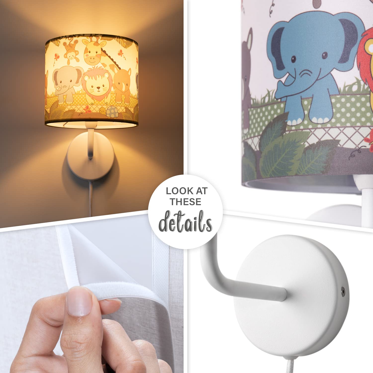 Paco Home Kinderzimmer Wandlampe Stoffschirm Wandleuchte Rund Dschungel Tiere Junge Mädchen E27 Zoo Mit Stecker Und Kabel