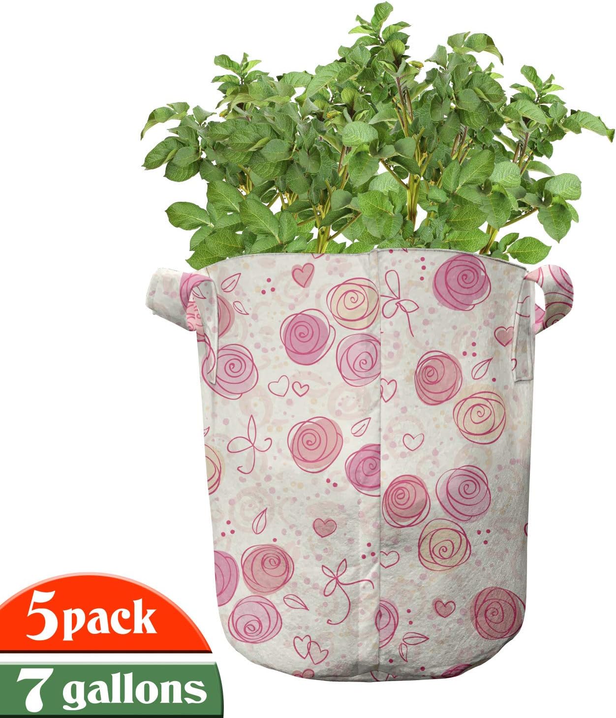 Lunarable Blush Grow Bags 5-Pack, Doodle Style Rosebuds Hearts, Heavyduty Fabric Pots with Handles for Plants, 7 Gallon, Multicolor