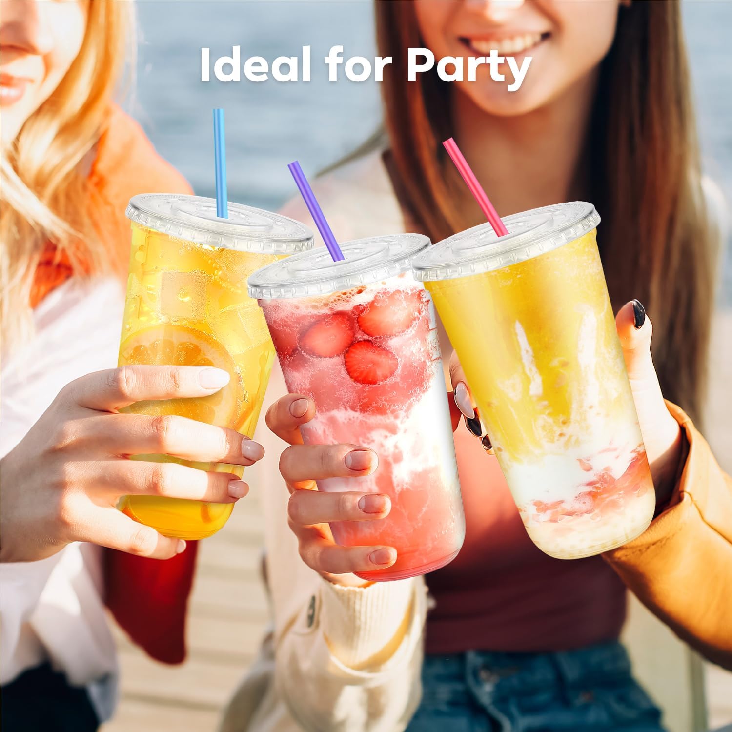 100PCS 20 oz Clear Plastic Cups with Lids and Colorful Straws, Round Bottom Disposable To Go Coffee Smoothie Juice Bubble Tea Cups, PET Party Cups for Holiday, Birthdays, Picnics, Christmas