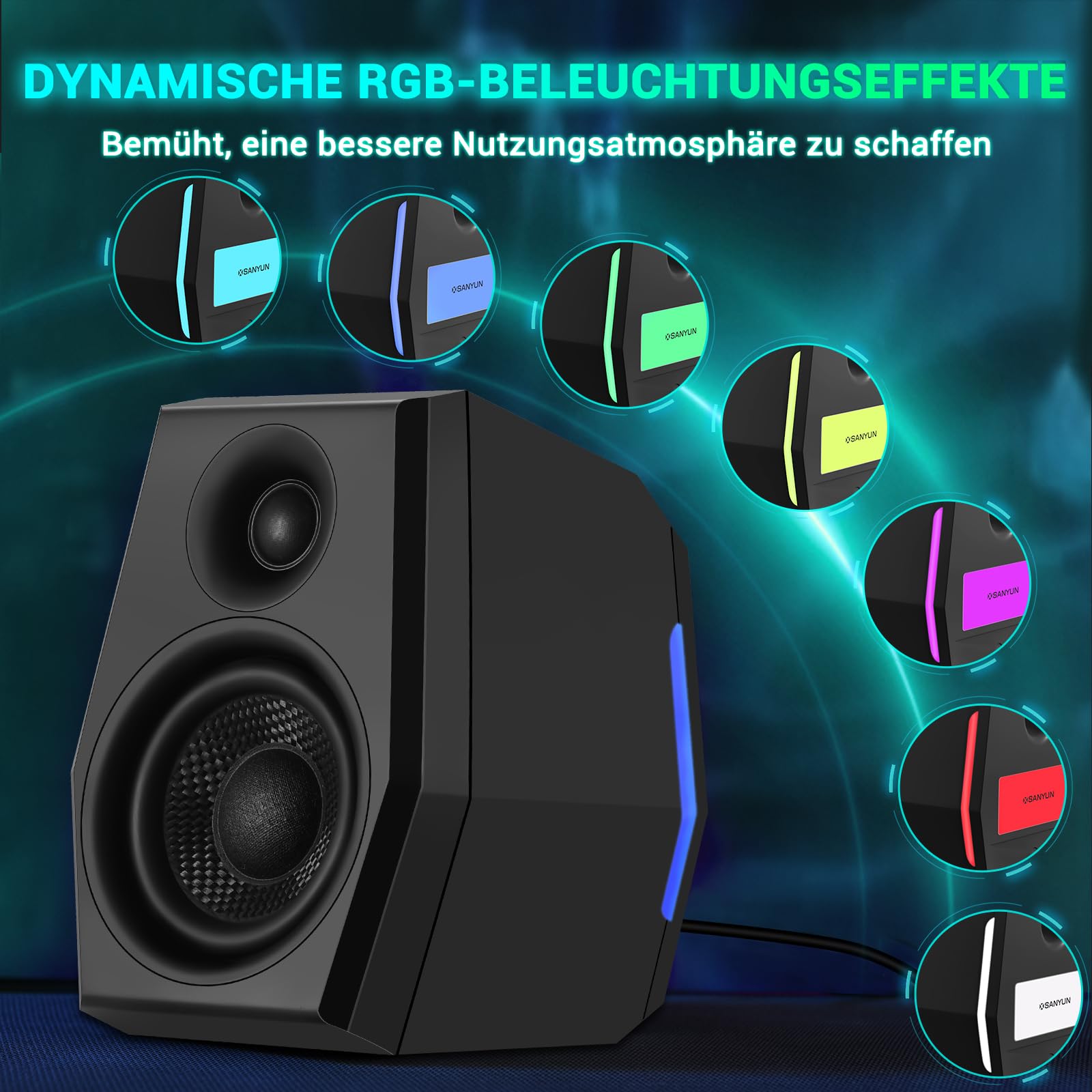 Sanyun SW209 Gaming Lautsprecher 2.0 36 W, Taktisches Audio, 3 DSP-Modi