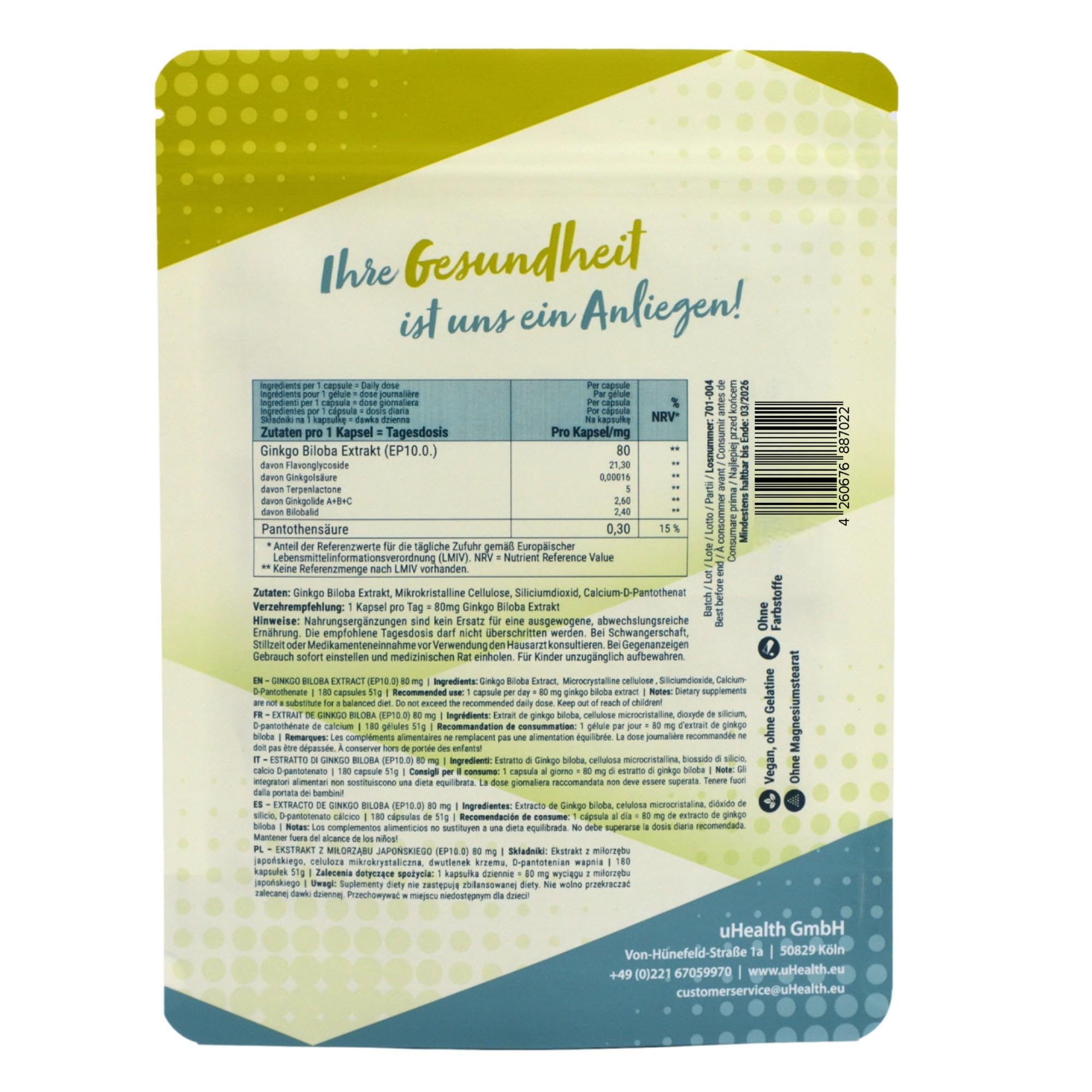GINKGO BILOBA EXTRAKT (EP10.0) 80 mg mit Viatmin B5-360 Kapseln (2er Pack)