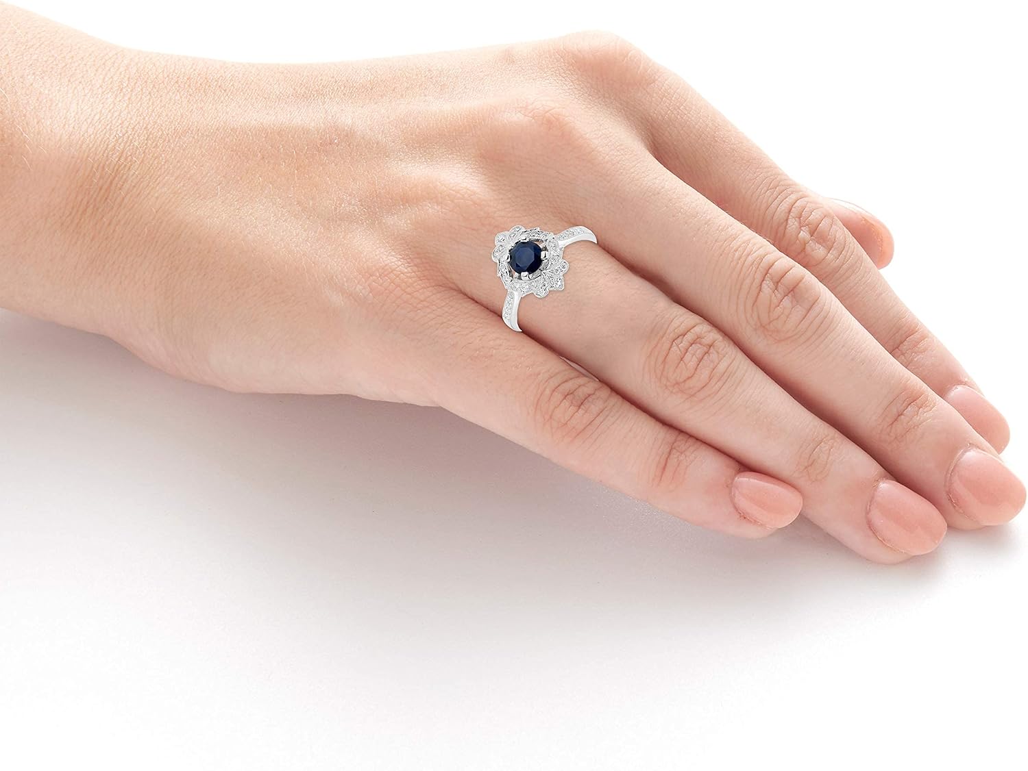1 Ct Blue Sapphire, & 1/3 Cttw Diamond Fleur Star Milgrain 10K White Gold Engagement Ring (I Color, I2 Clarity) - Size 6